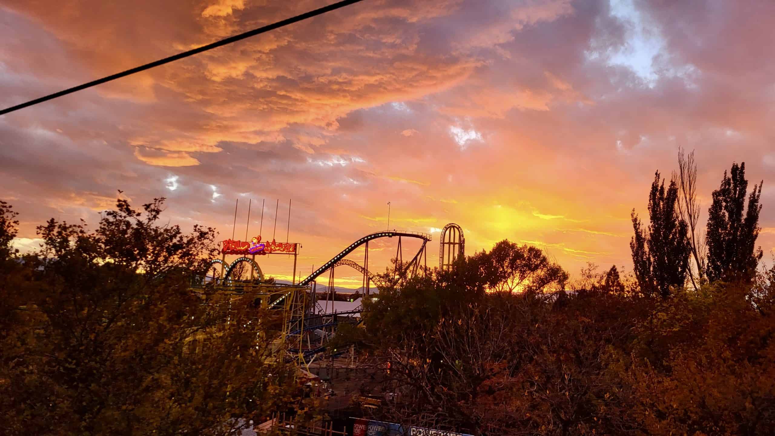 Sunset sky glowing orange and pink over several roller coasters, with trees in the foreground.
