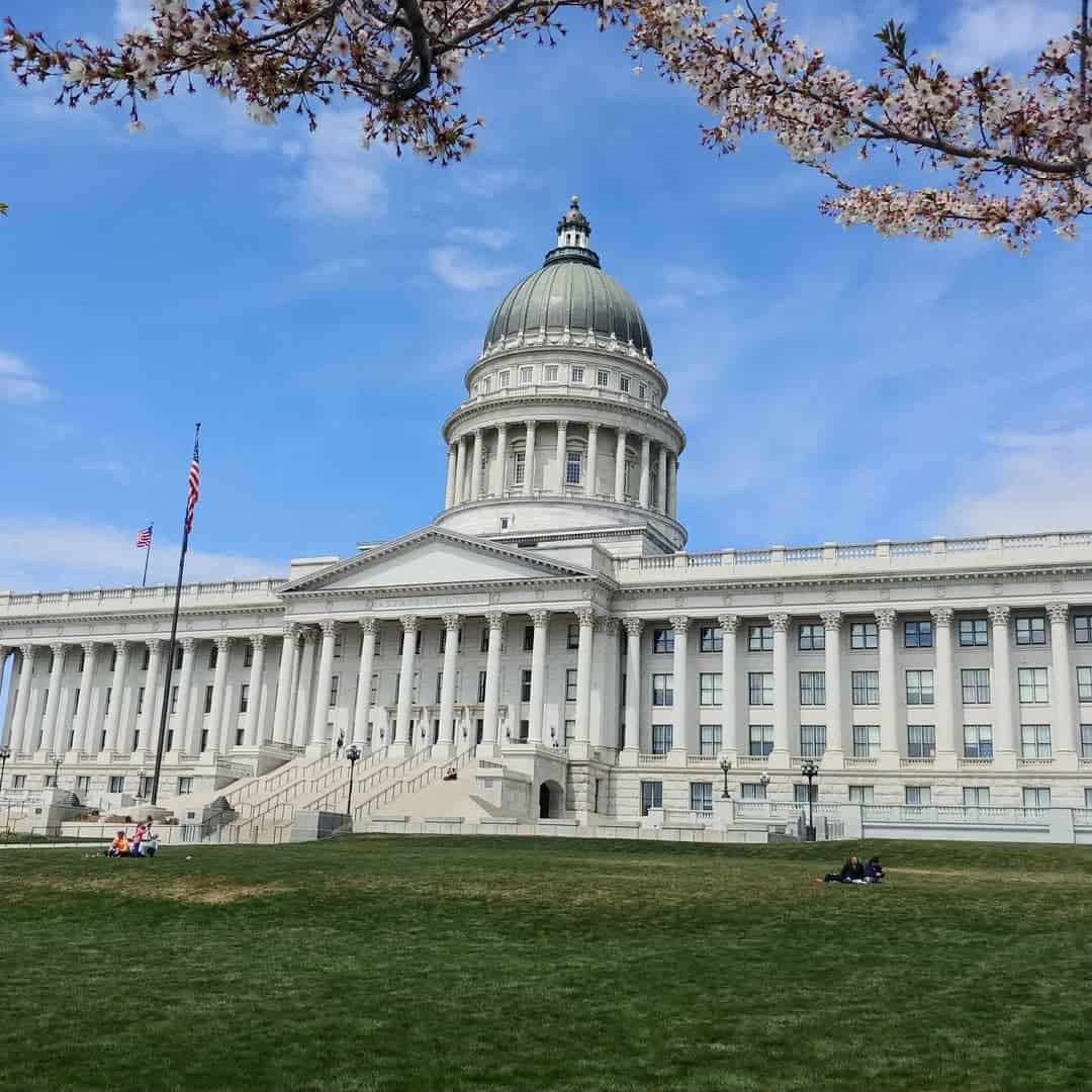 The Utah State Capitol building framed by blooming trees on a clear day, one of the best things to do in Salt Lake City.