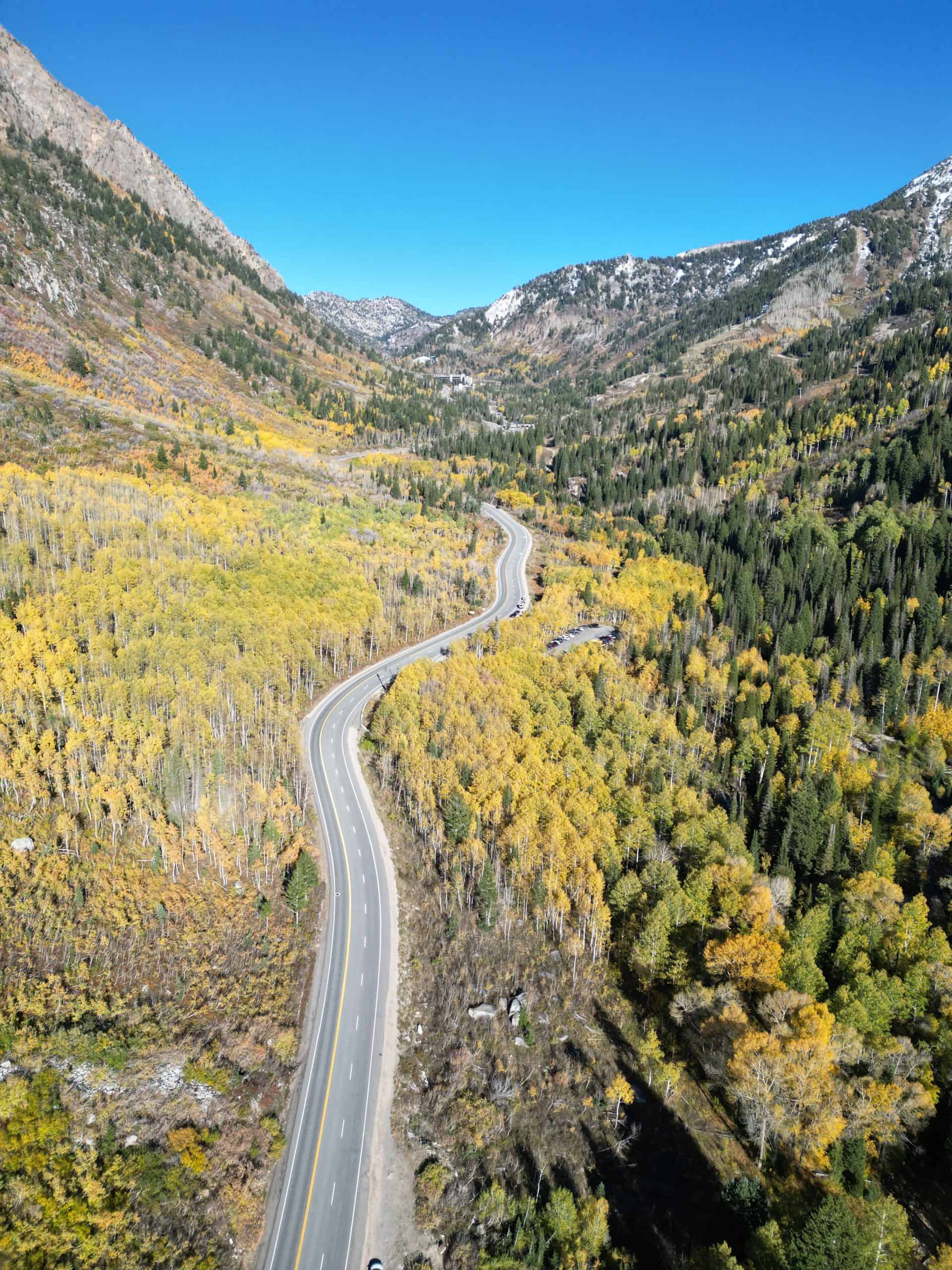 A winding road through Little Cottonwood Canyon surrounded by golden fall aspens and mountain peaks, with a pale blue sky