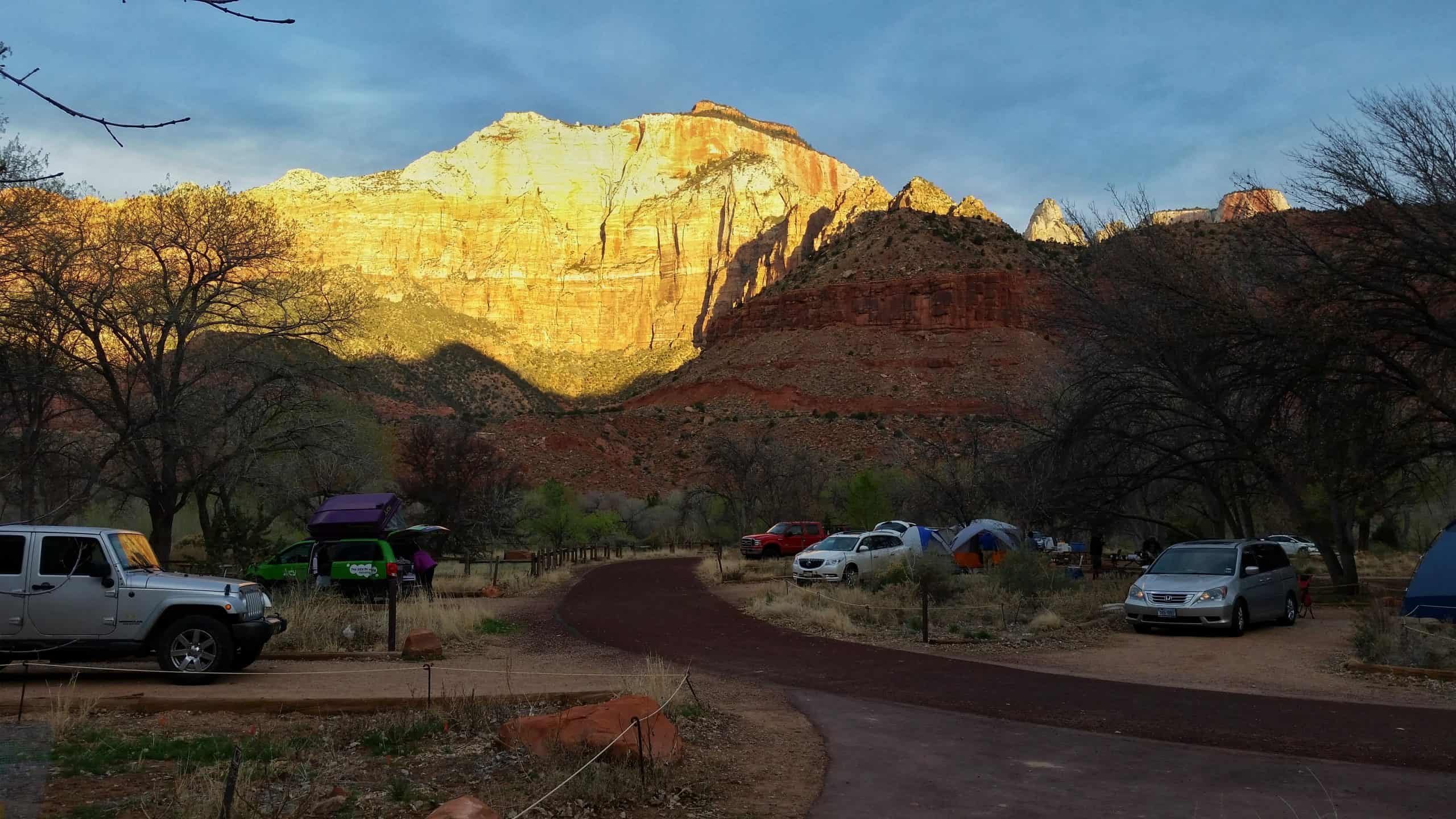A tall towering canyon wall basked in the morning sun with cars parked in the foreground at Zion National Park. 