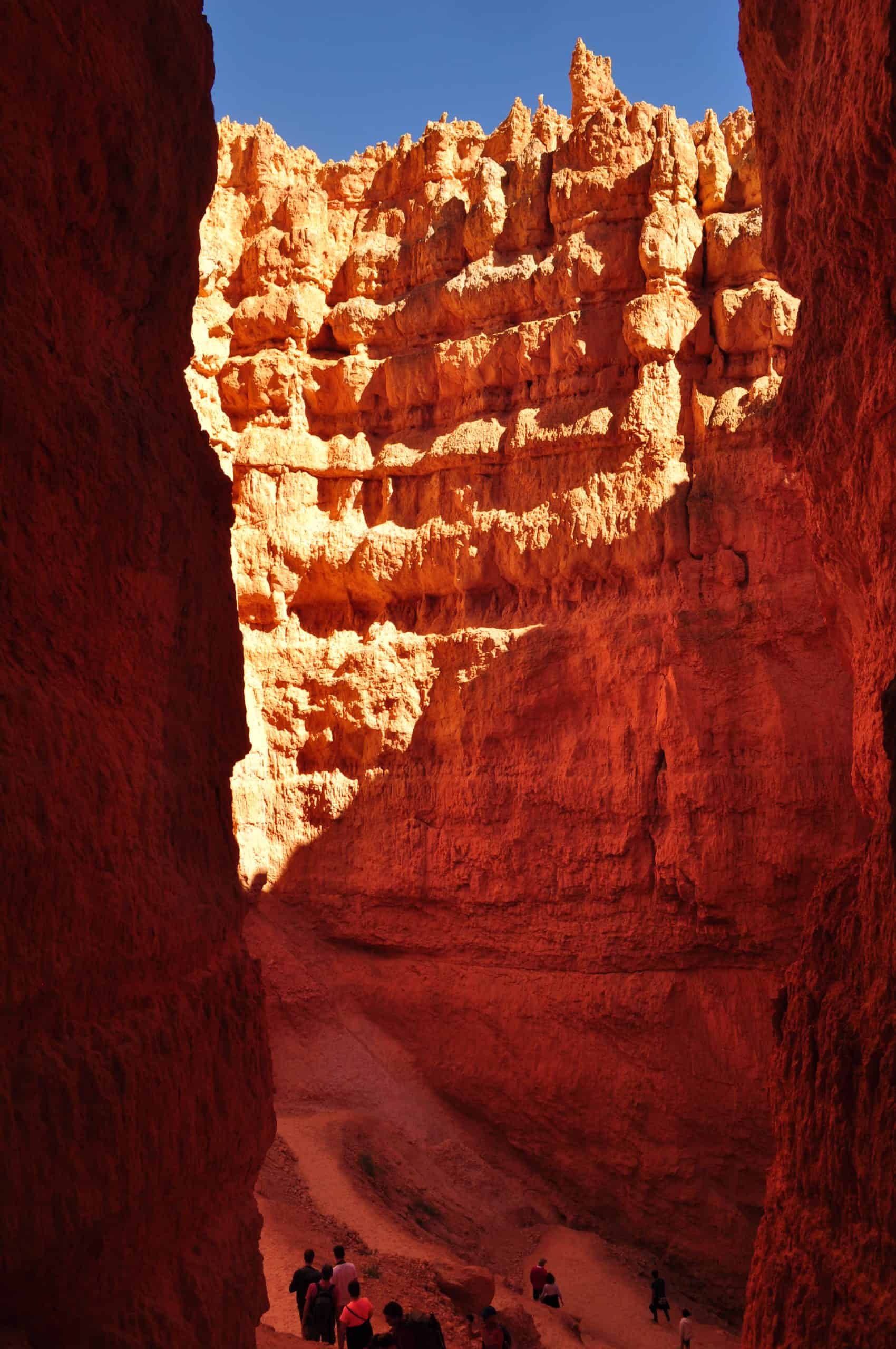 Massive red cliffs frame the narrow path known was Wall Street, a scenic hike in Utah, creating a dramatic corridor where tiny figures can be seen walking below.

