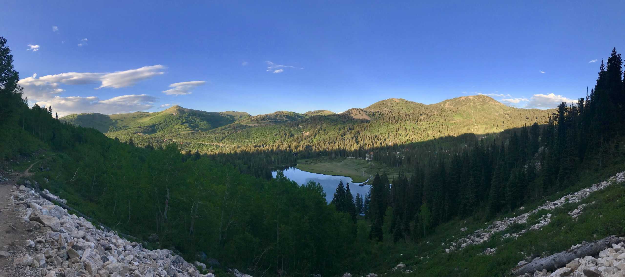Evening light over Silver Lake and rolling hills, a peaceful scene and easy hike in Big Cottonwood Canyon
