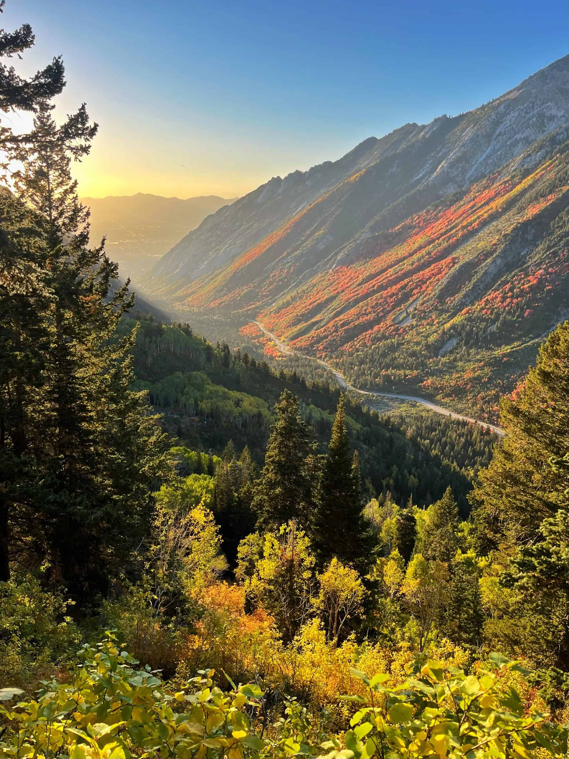 Wide canyon overlook with fall colors lining the mountainsides, viewed from a scenic hiking trail near Salt Lake City at golden hour