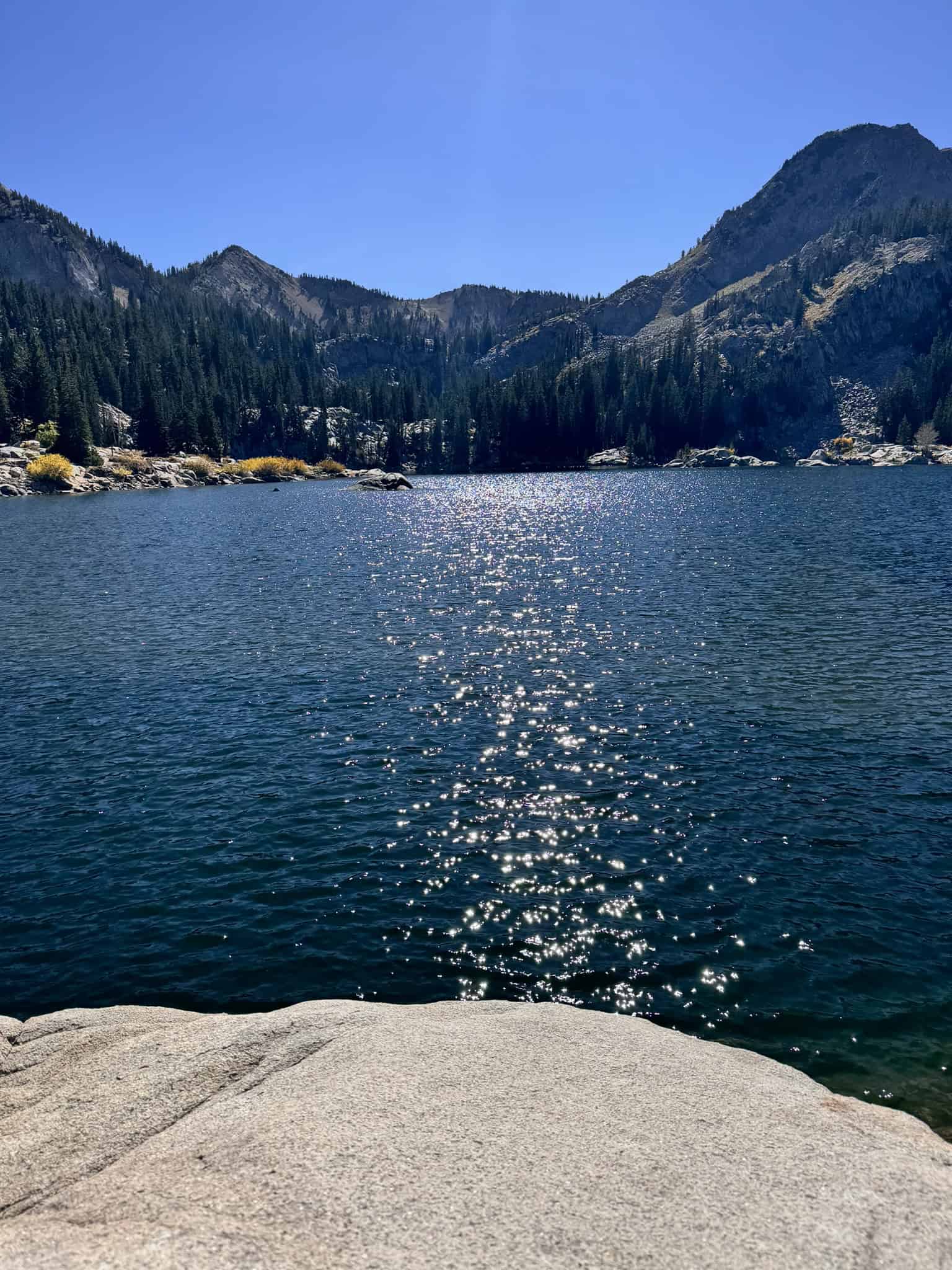 Deep blue alpine water at Lake Mary surrounded by pine trees and mountain peaks on a clear summer day, a popular hike in Big Cottonwood Canyon