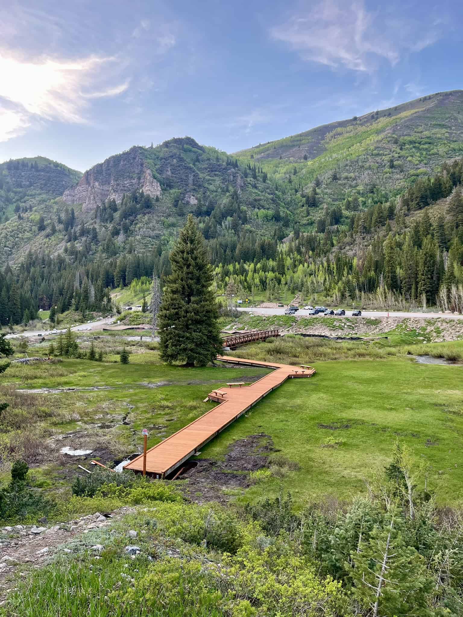 Boardwalk trail crossing a green meadow toward forested mountains along the Donut Falls trail in Big Cottonwood Canyon.