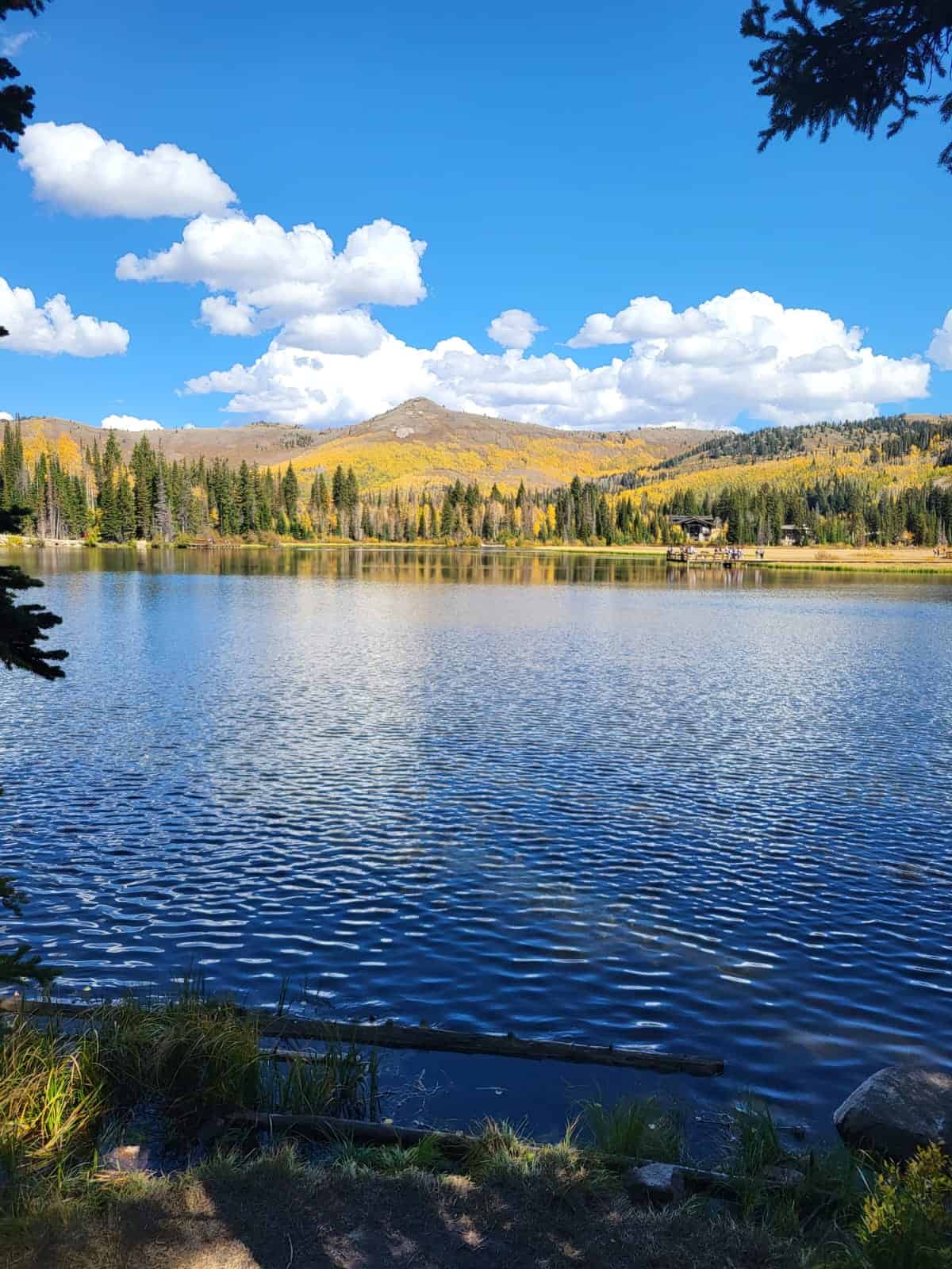 Scenic view of Silver Lake in Big Cottonwood Canyon, featuring calm waters reflecting autumn-colored trees and surrounding mountains under a blue sky with fluffy clouds