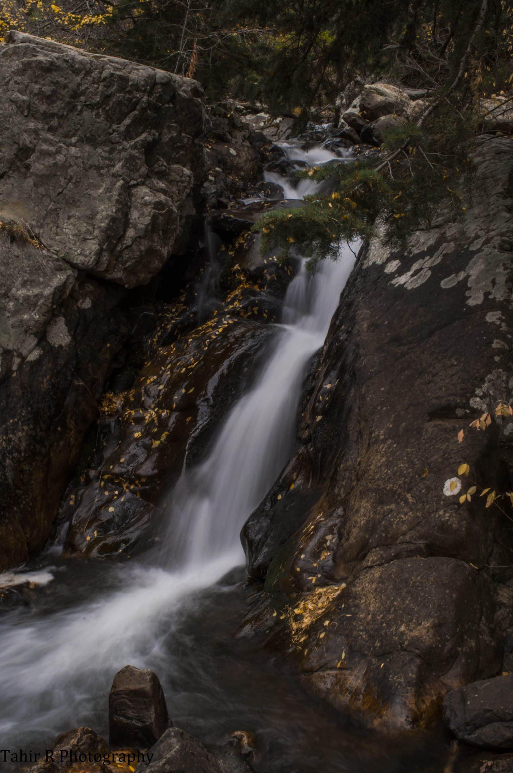  A cascading waterfall flows over mossy rocks along the Lake Blanche Trail, with autumn leaves scattered around the base.