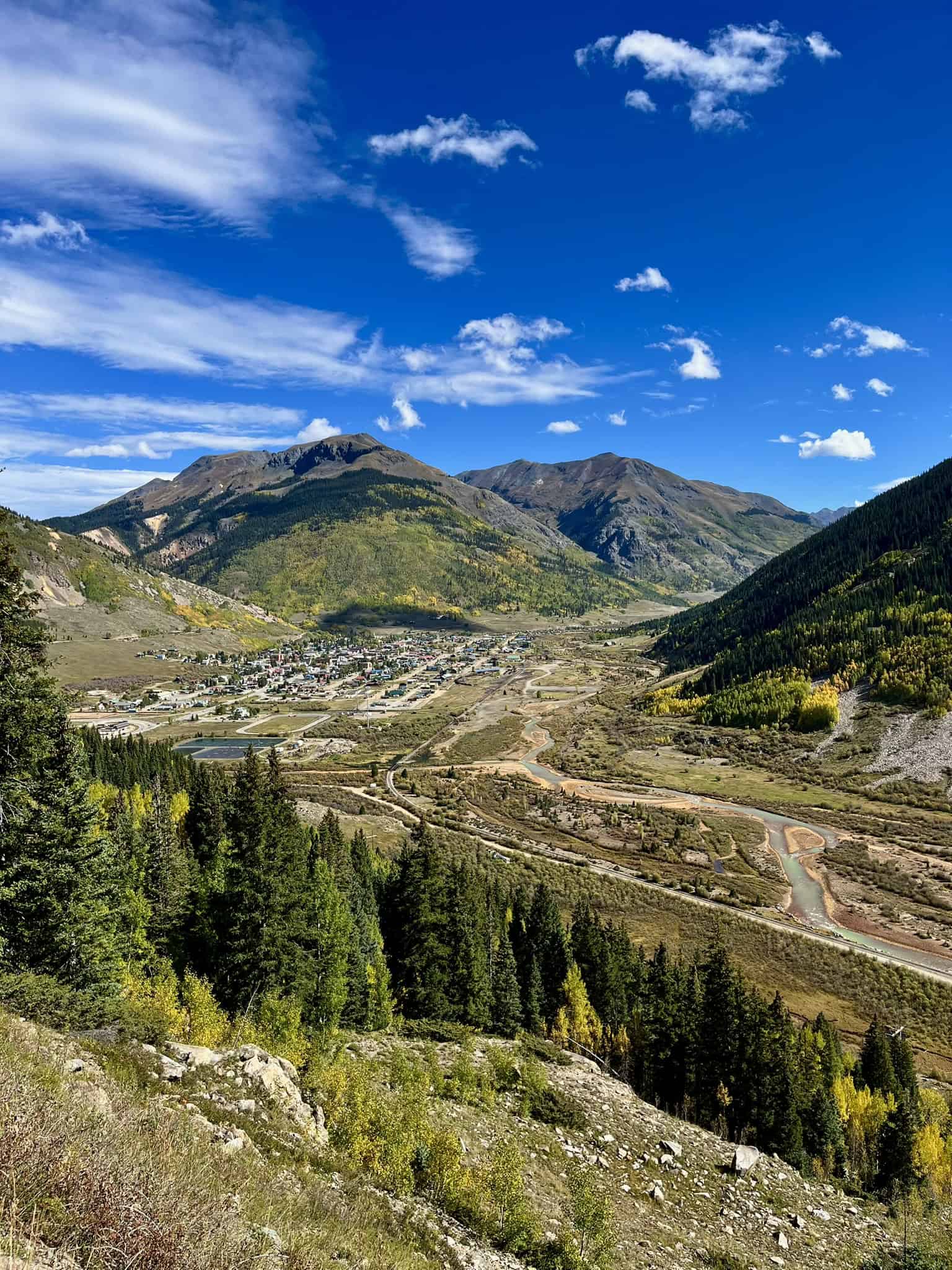 A panoramic view of Silverton nestled in a mountain valley with autumn-colored trees, rugged peaks, and a winding river