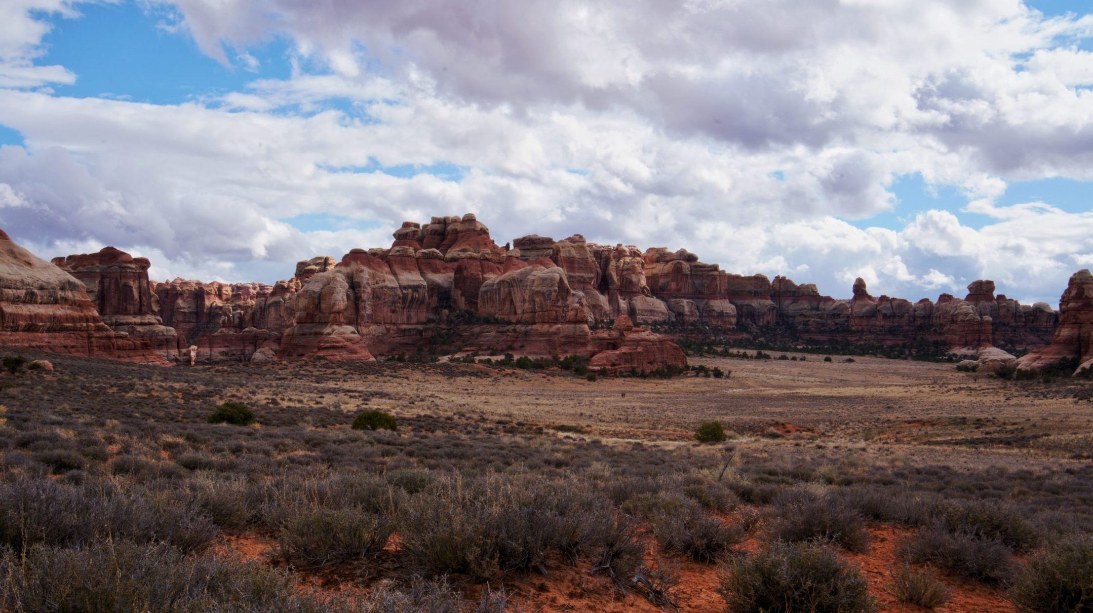 This sweeping panorama of Chesler Park, with red sandstone cliffs and desert shrubs under a cloudy sky, a stunning hiking destination in Canyonlands National Park
