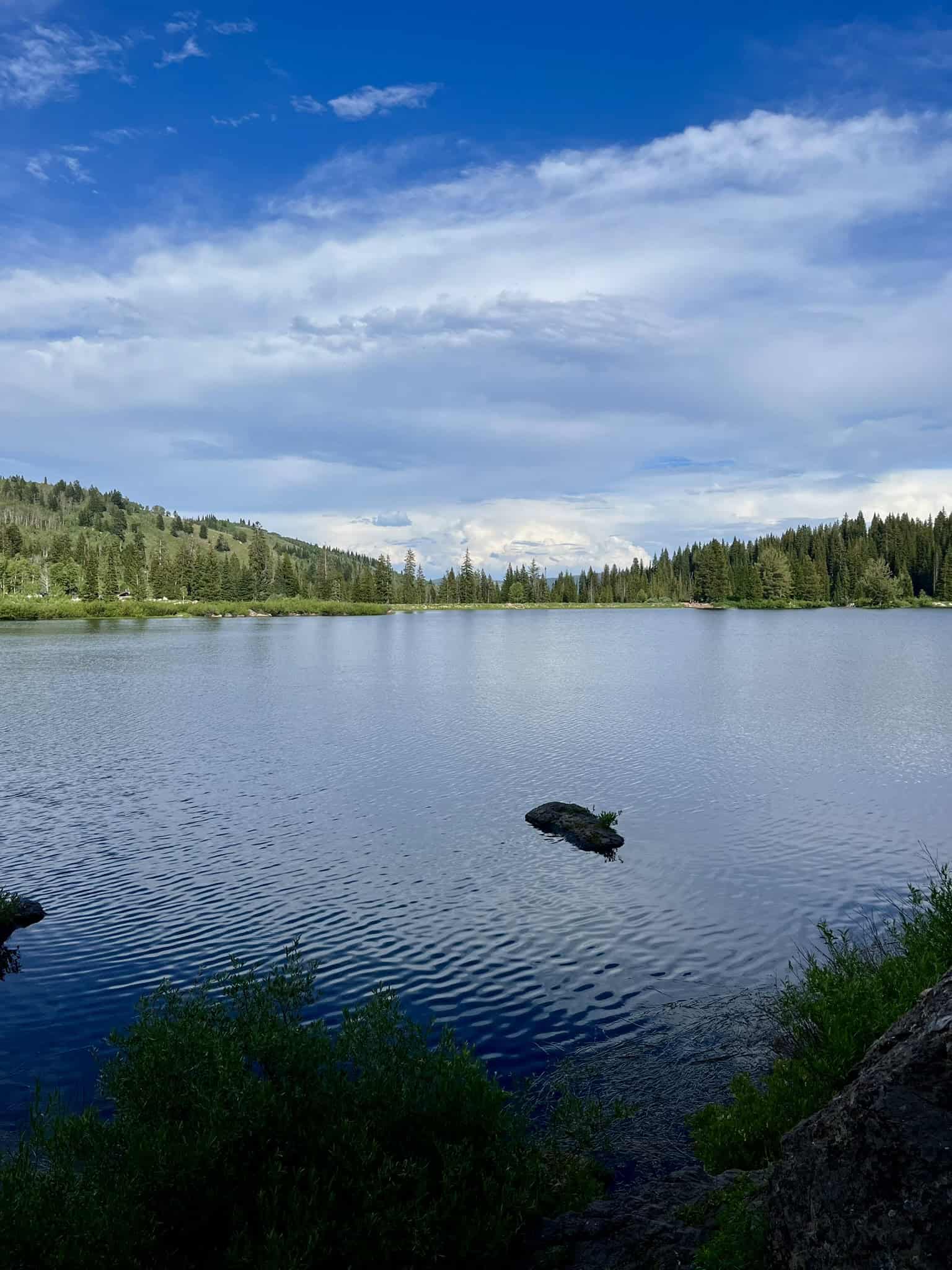 A calm Tony Grove Lake reflects a blue sky with white clouds, offering a serene setting and beautiful views