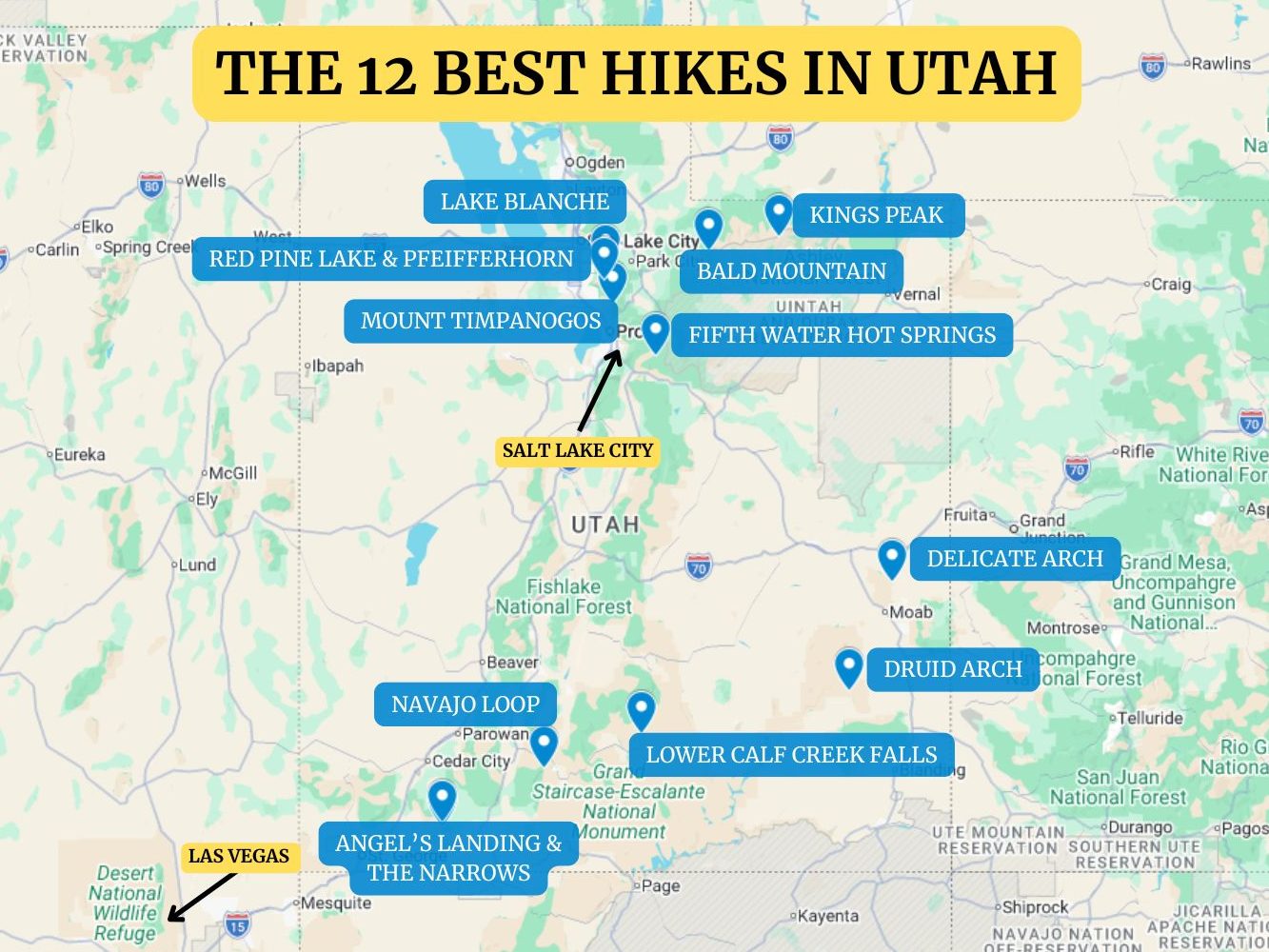 A graphic of a map highlighting the 12 best hikes in Utah and their locations. 