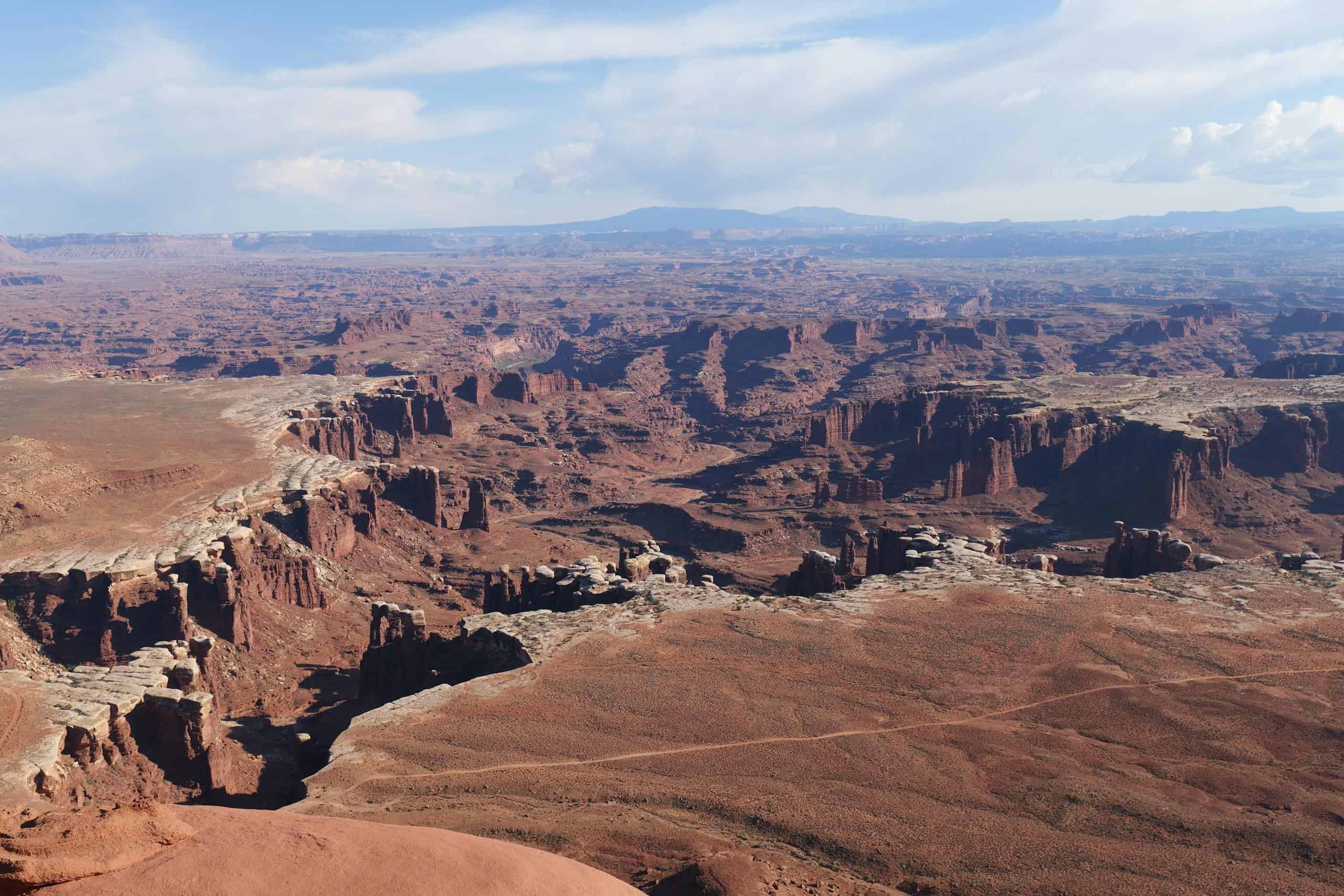 A breathtaking aerial view of Canyonlands National Park's rugged landscape.