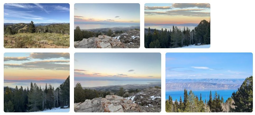 A gallery of six scenic photos featuring mountain ridges, vibrant sunsets, a distant Baer Lake, showcasing the view from Swan Peak.