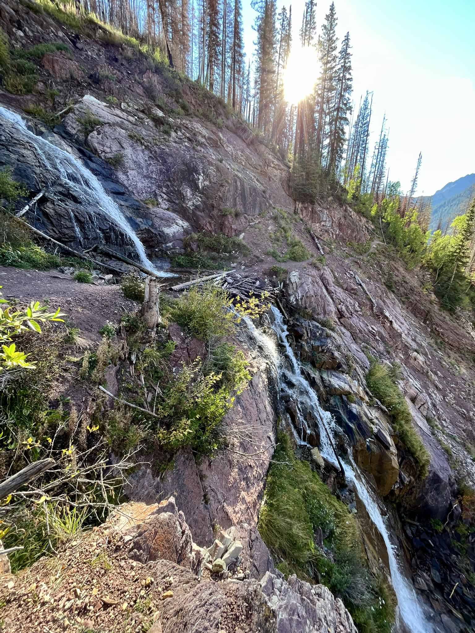 Sunlight streams through tall, slender trees as water cascades over reddish rocks and green vegetation, capturing the details of Clear Creek Falls along the hike to Ice Lake Colorado.

