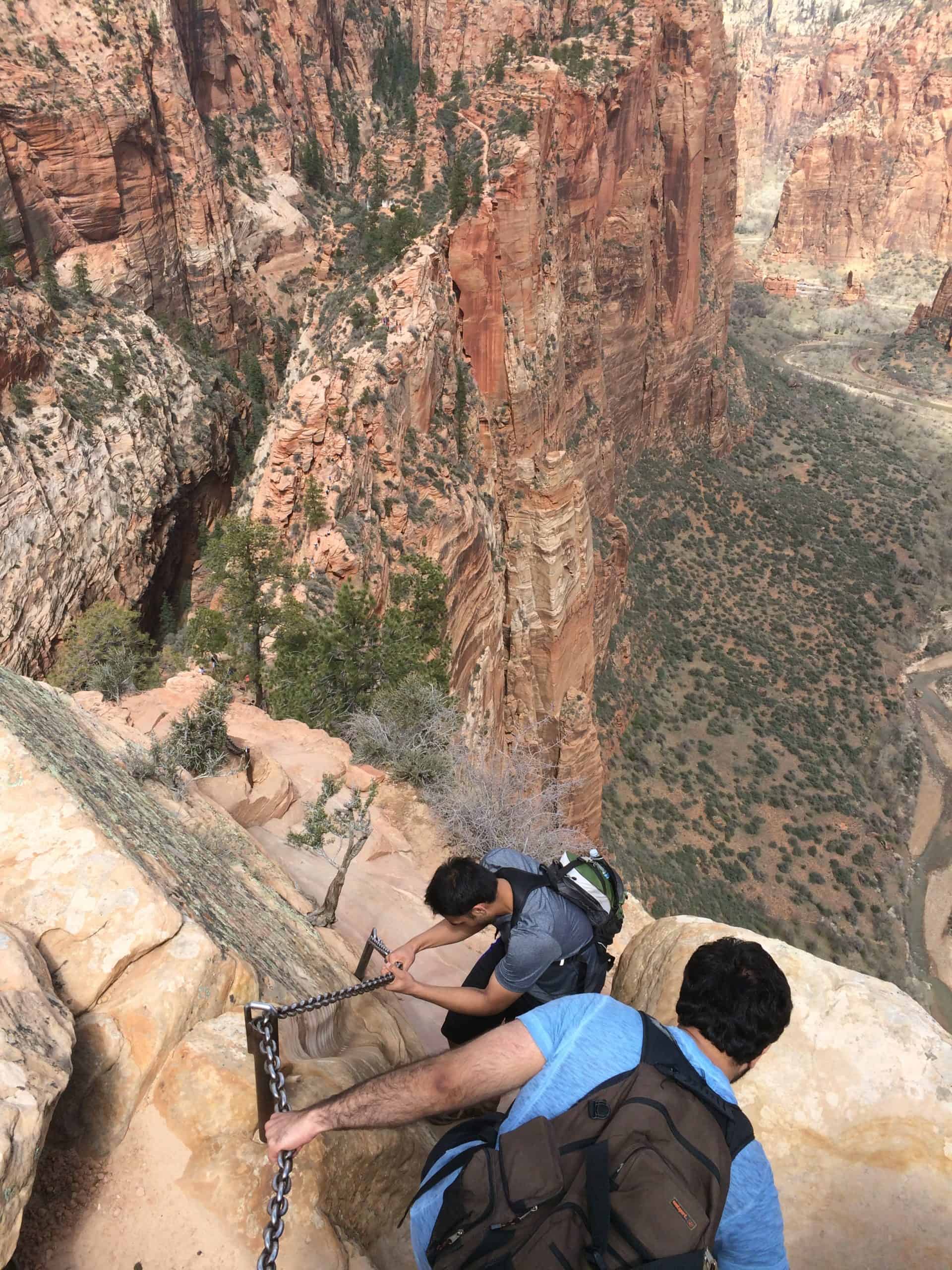 Hikers carefully grip metal chains while descending the steep rock face on Angel's Landing within Zion National Park.

