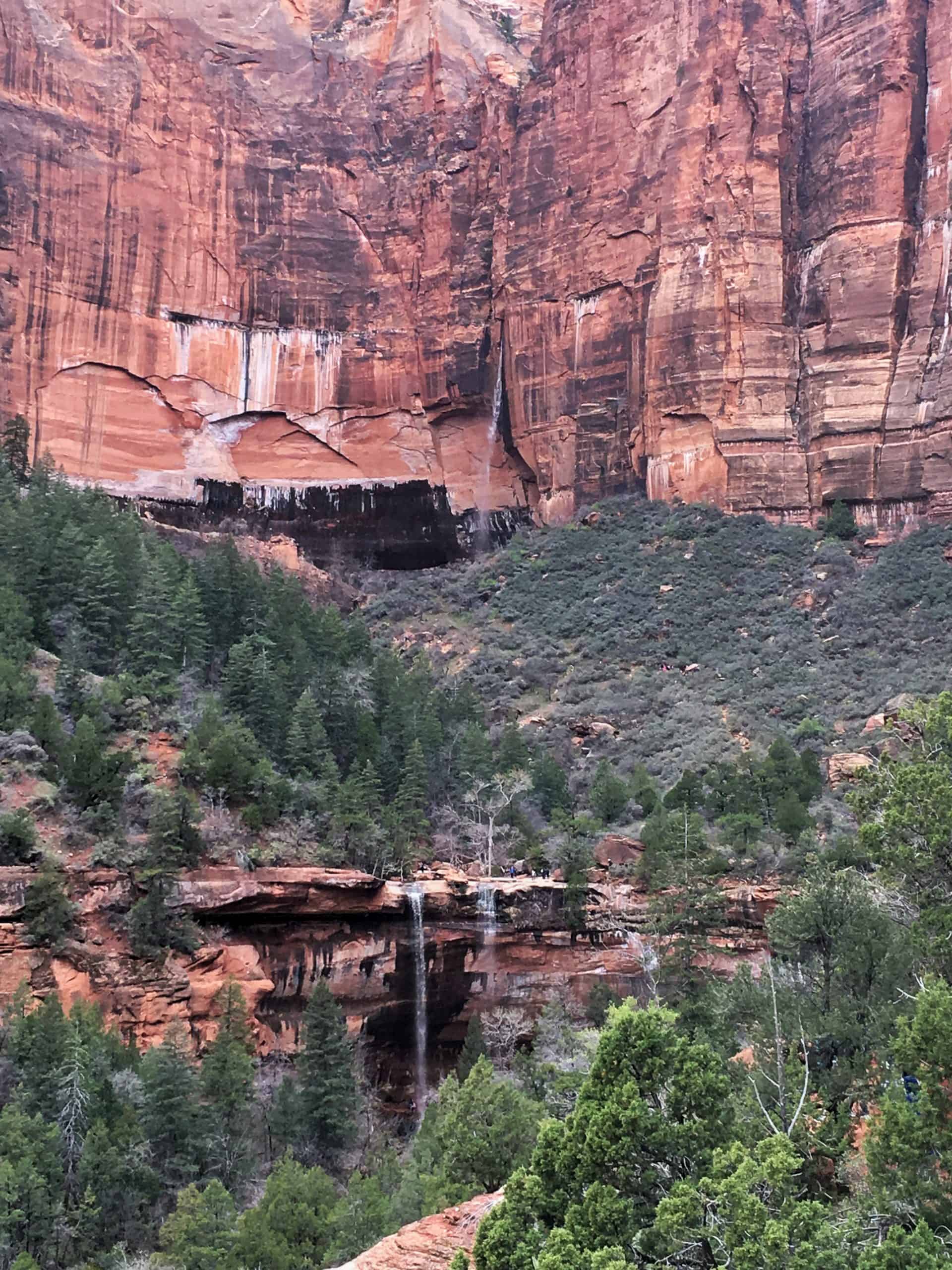 A scenic view of cascading waterfalls surrounded by red rock cliffs at in Zion National Park.

