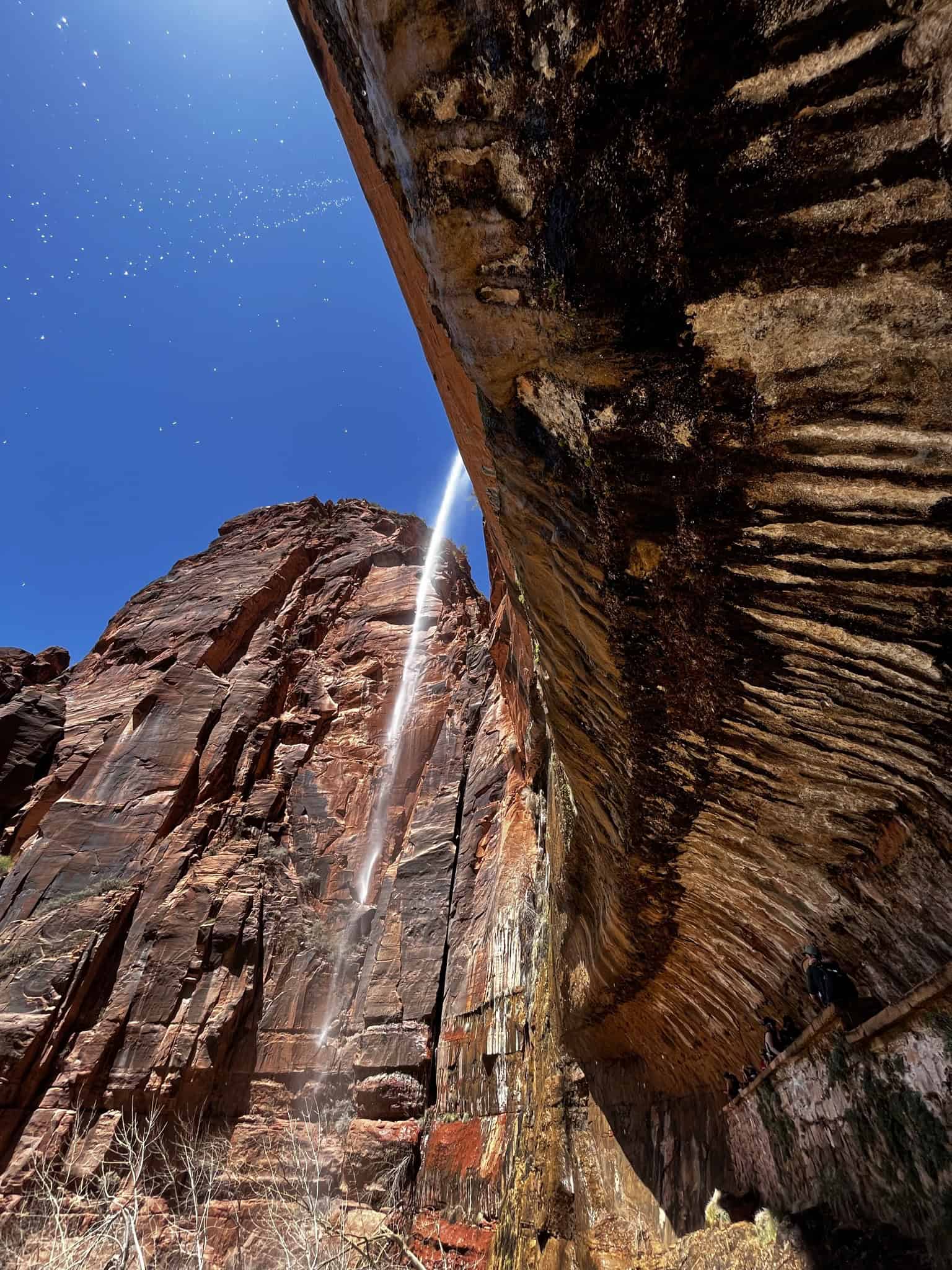 A close-up view of a thin stream of water falling from a rocky overhang under a clear blue sky, highlighting the unique geology of Weeping Rock in Zion National Park.

