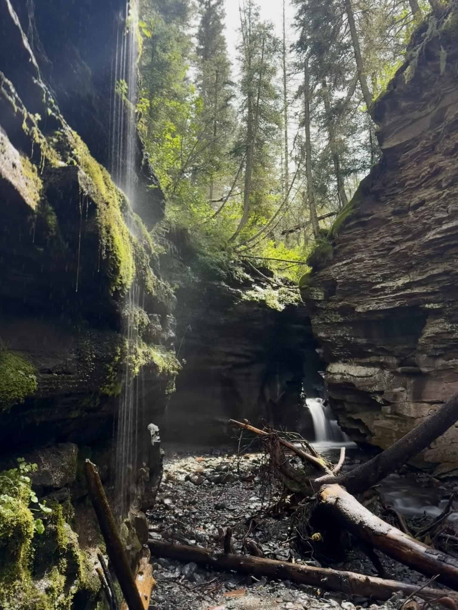 A moss-covered rock overhang shelters a cascading waterfall that flows into a rocky stream in a hike in Telluride known as Little Hawaii

