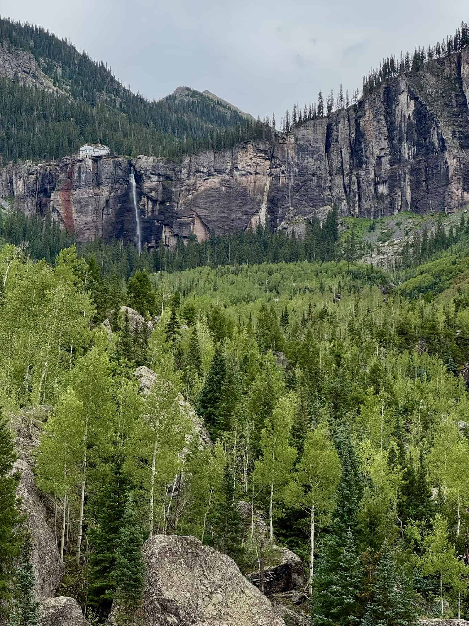 A tall waterfall cascades down a rocky cliff into a lush green forest along the Bridal Veil Falls hike in Telluride

