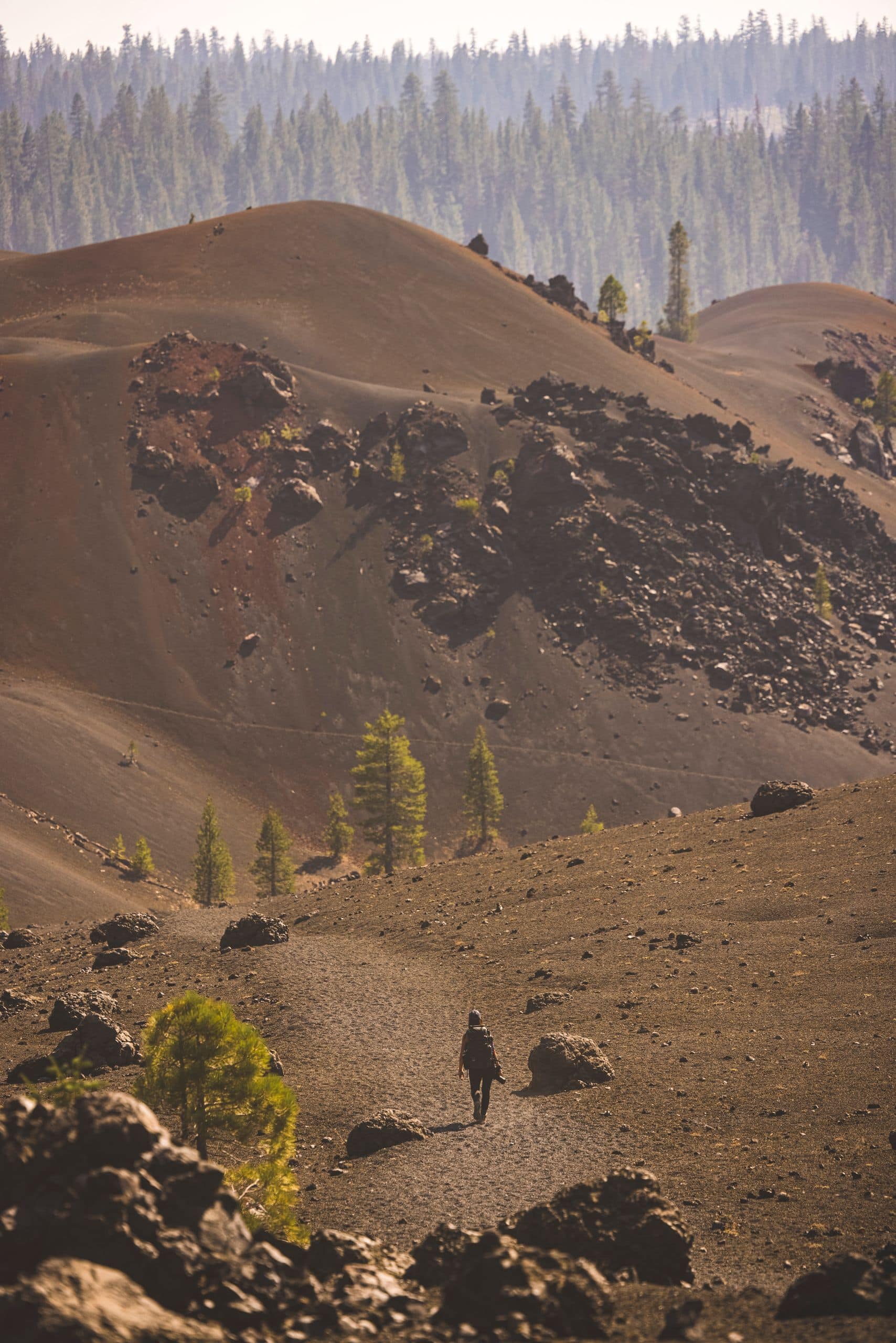 A lone hiker walks through a dramatic volcanic terrain with sparse trees.