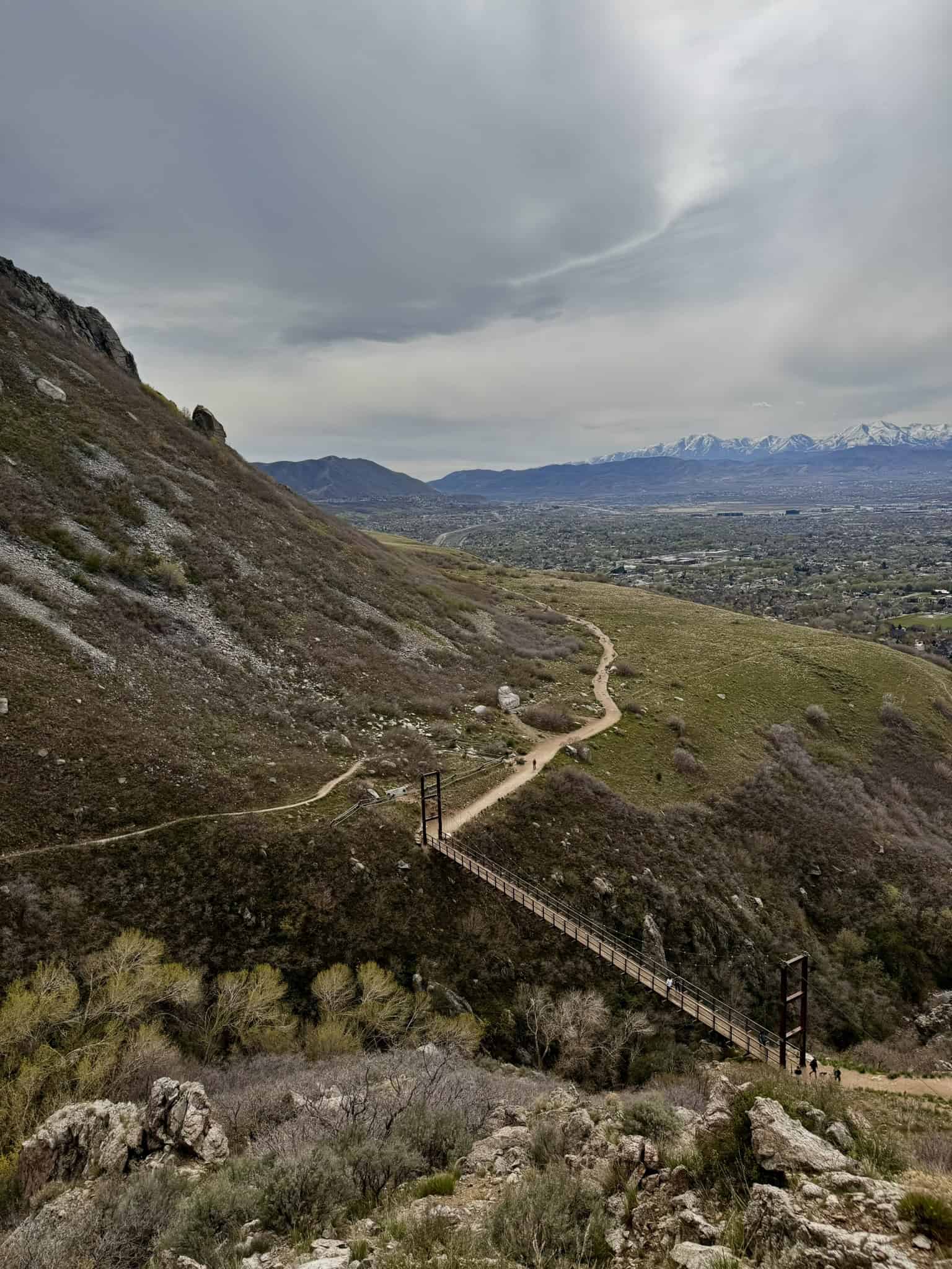 Elevated view of the Bear Canyon suspension bridge leading toa grassy foothill landscape and valley views.